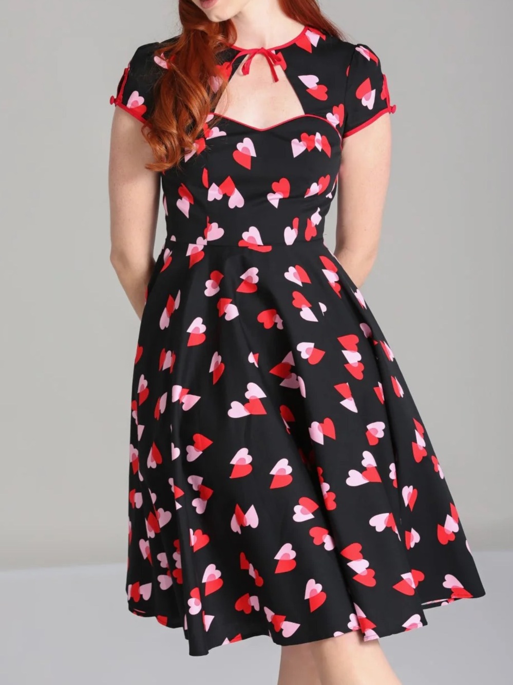 Hell Bunny Black Midi Dress with Red & Pink Heart Print